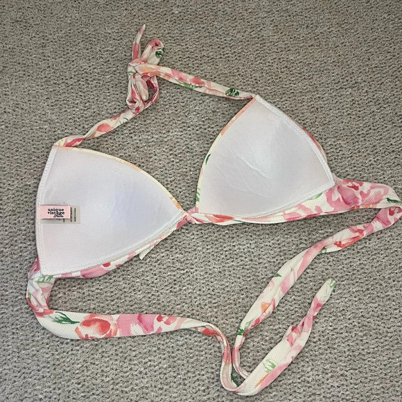 Unique Vintage bikini swim top halter retro‎ padded floral pink and white size M - Picture 5 of 8